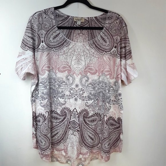One World Paisley Print Top Women's 2X GUC Shiny Stud Embellished Shirt - Picture 1 of 8